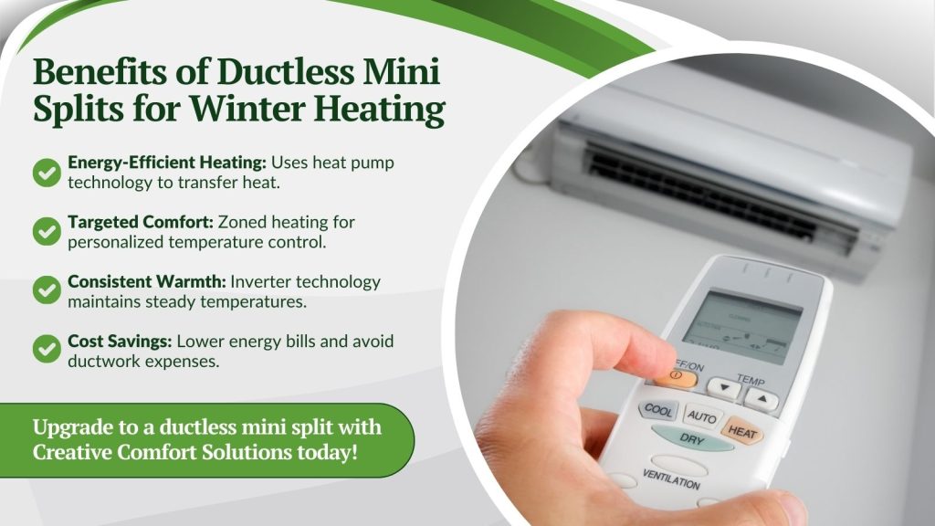 This is an image of a person controlling a mini split in their home. The headline reads benefits of ductless, mini splits for winter heating.