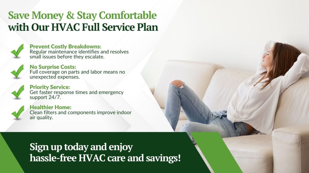 This is an image of a woman relaxing on a couch. The headline read, save money and stay comfortable with our HVAC full service plan